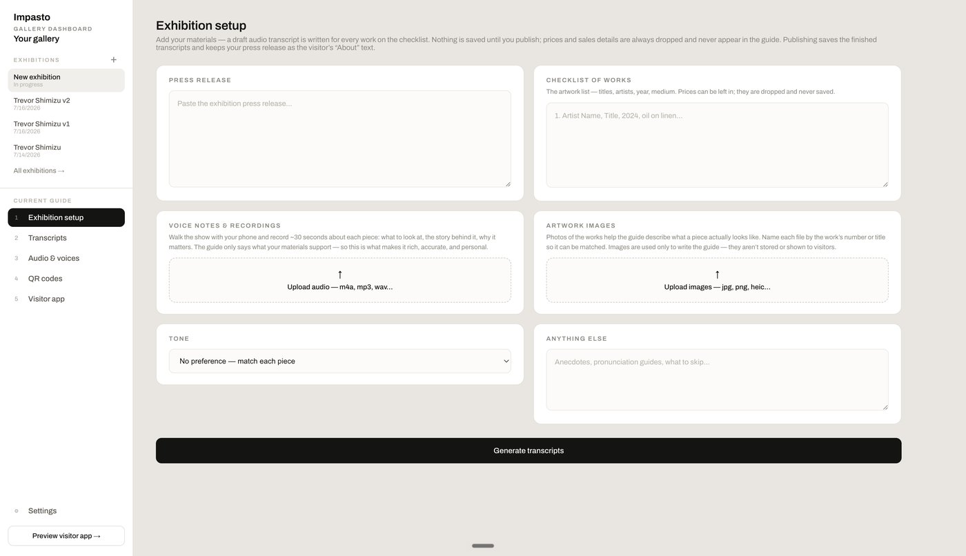 Impasto exhibition setup screen, where the gallery adds its press release, checklist, and voice notes.