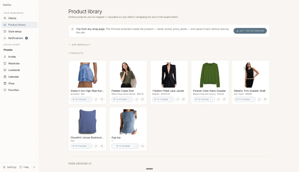 Sashiko organizing a client's wardrobe photos.